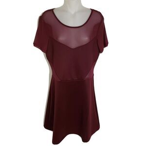 Divided H&M Women Dress 12 Maroon Fit & Flare Mesh Sheer Short Sleeve Above Knee
